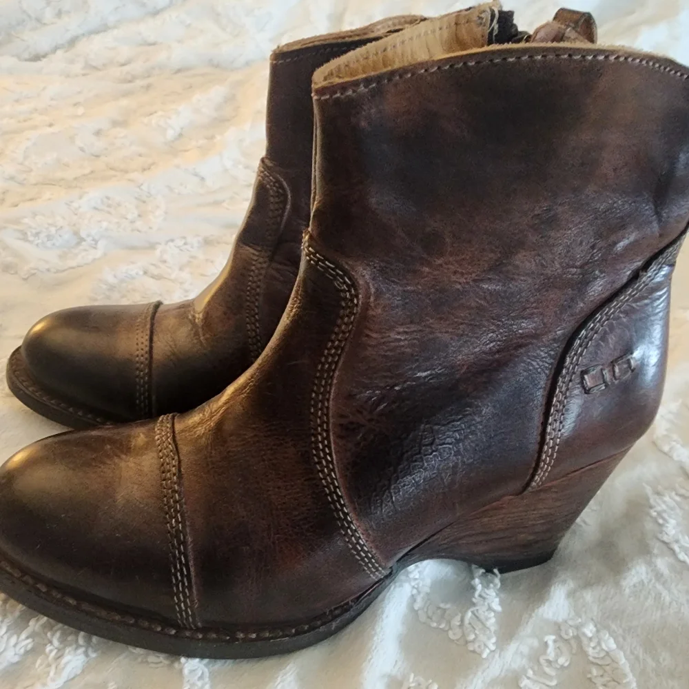 Bed Stu Brown Leather Gentry Wedge Ankle Booties